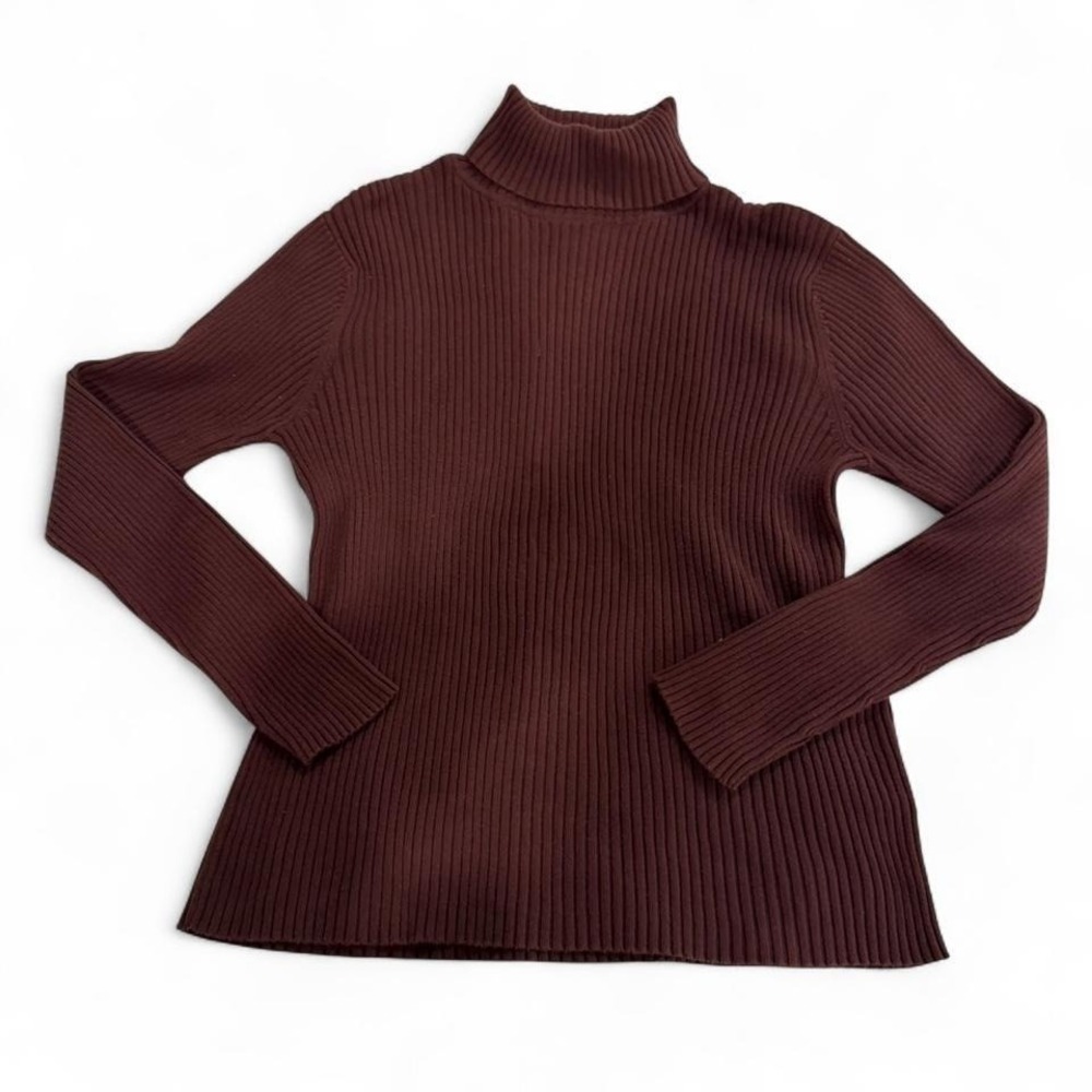 Newport News Brown Ribbed Turtleneck Sweater Womens L 100% Cotton Long Sleeve
